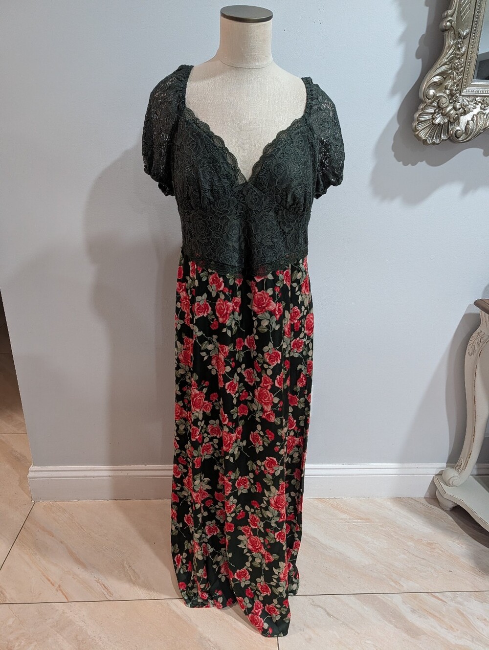 Altar’d State Black Lace & Floral Rose Maxi Dress - XXL